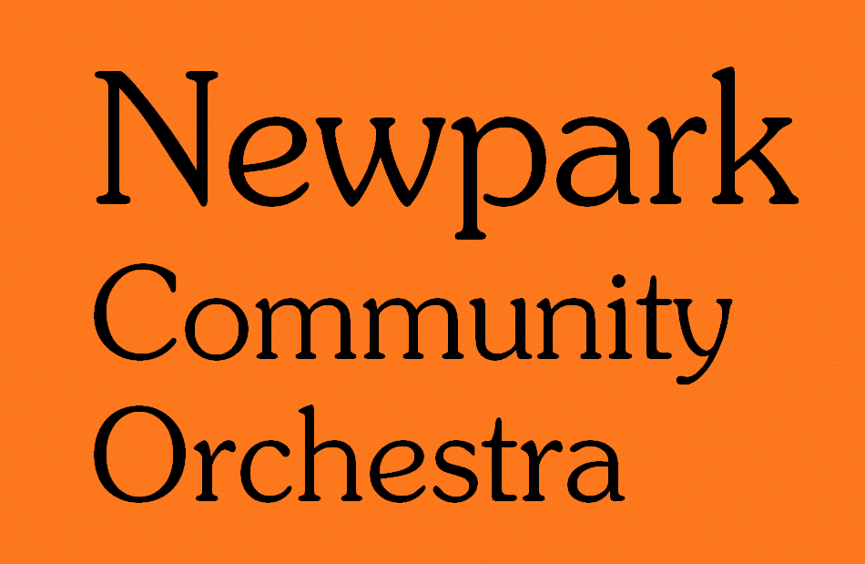 The words Newpark Community Orchestra in black on an orange rectangle